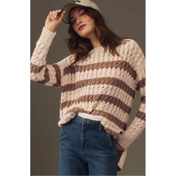 NEW Anthropologie Pilcro Camel Longline Stitch Striped Tunic Knit Sweater Small - Picture 2 of 8